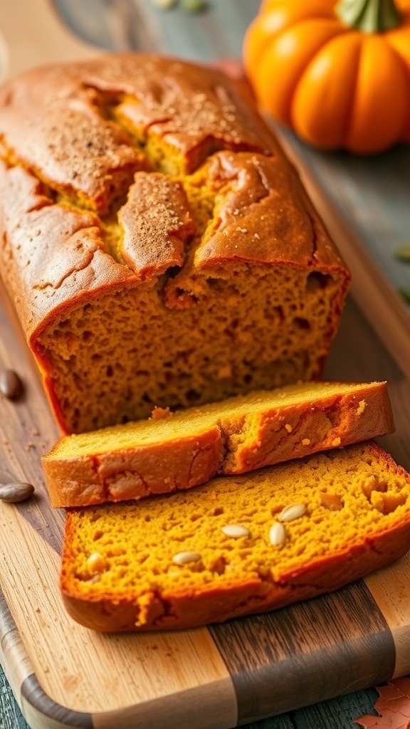 Gluten-Free Dairy-Free Pumpkin Bread Recipe Sliced gluten-free dairy-free pumpkin bread on a wooden board, garnished with cinnamon and surrounded by pumpkin seeds.